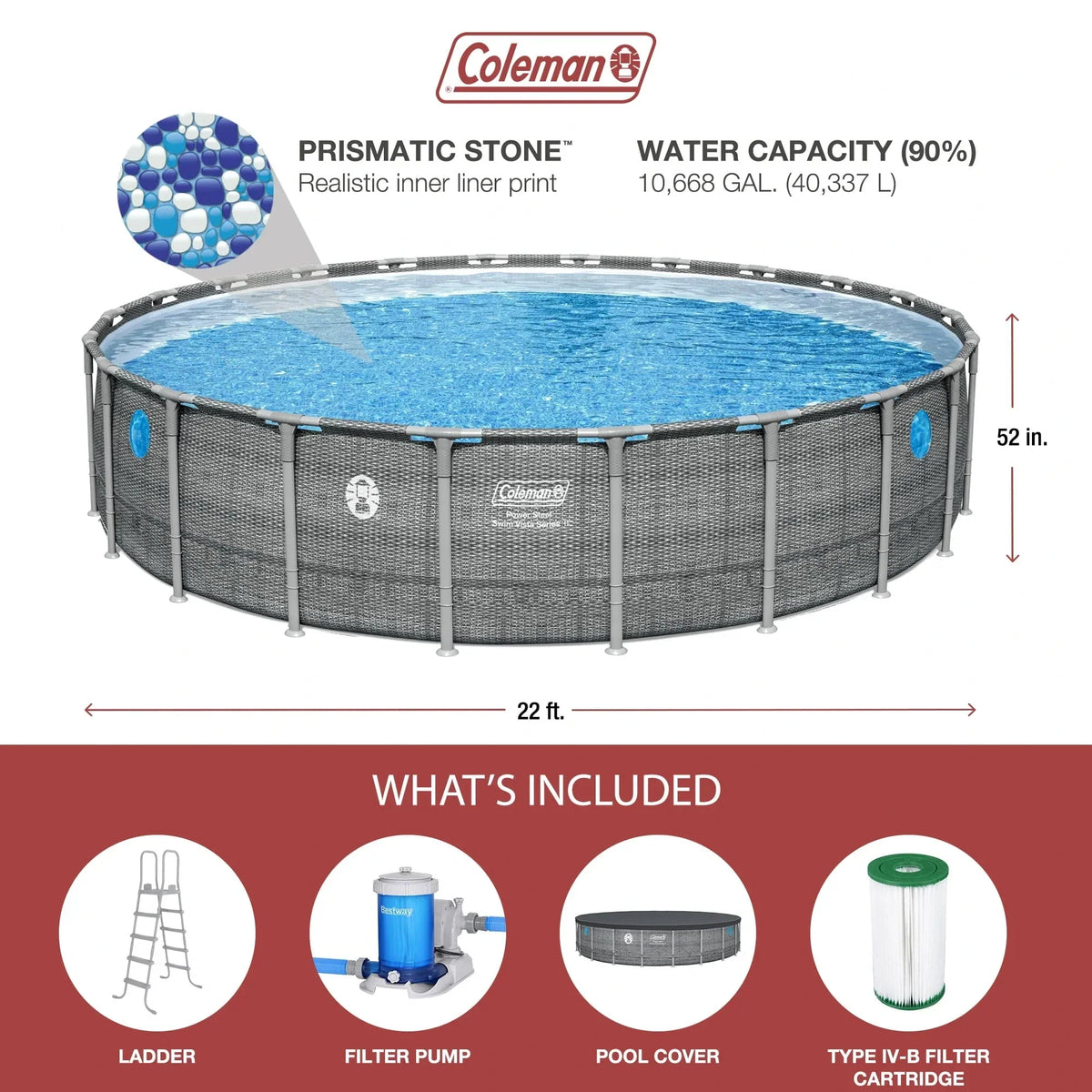 Coleman Power Steel 22 ft x 52" Metal Frame Above Ground Pool w/ Pump, Ladder, & Cover, Gray