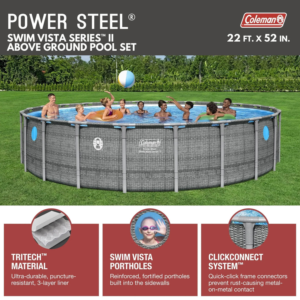 Coleman Power Steel 22 ft x 52" Metal Frame Above Ground Pool w/ Pump, Ladder, & Cover, Gray