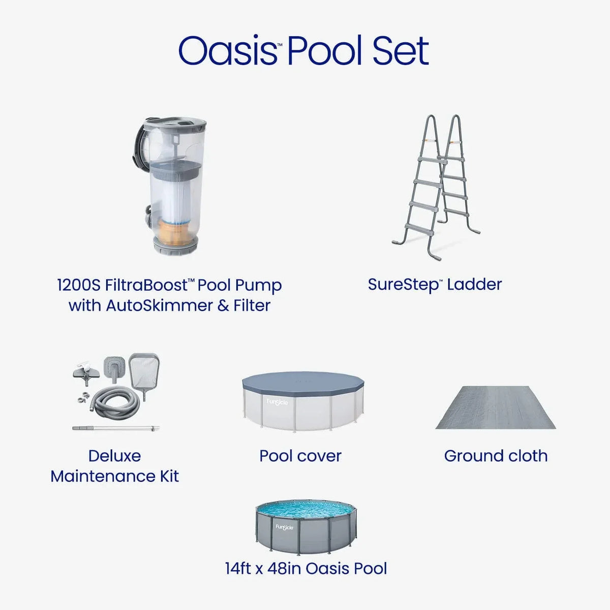 Funsicle Oasis Above Ground Metal Frame Swimming Pool Set - with FB1200S AutoSkimmer Pump, Ladder, Cover, Cloth & Deluxe Maint. Kit, 14 ft x 48 in
