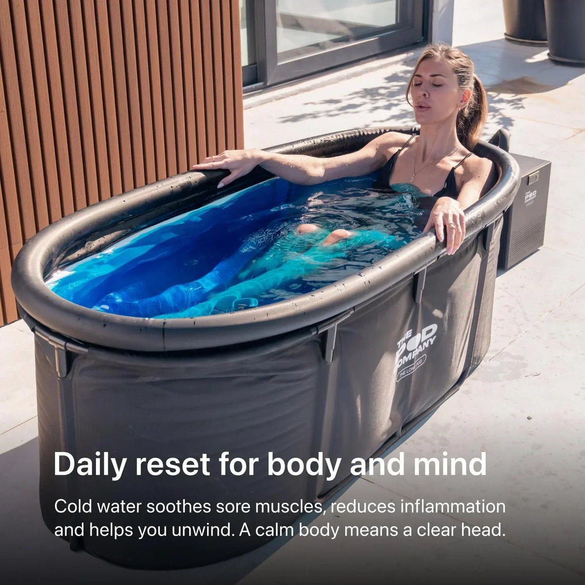 The Pod Company Long Pod Cold Plunge - 126-Gallon Extra-Large Inflatable Ice Bath Tub for Cold Water Therapy - Full-Body Stretch Design, Insulated &