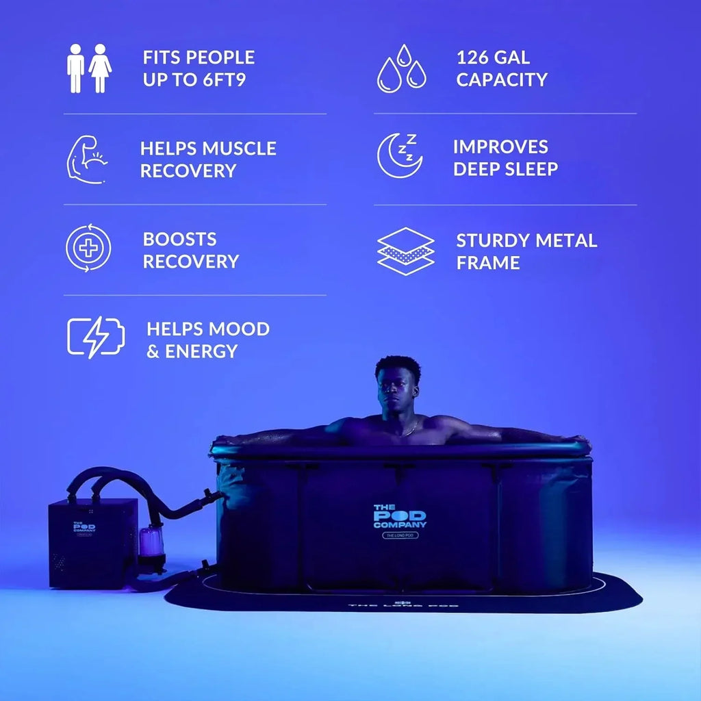 The Pod Company Long Pod Cold Plunge - 126-Gallon Extra-Large Inflatable Ice Bath Tub for Cold Water Therapy - Full-Body Stretch Design, Insulated &