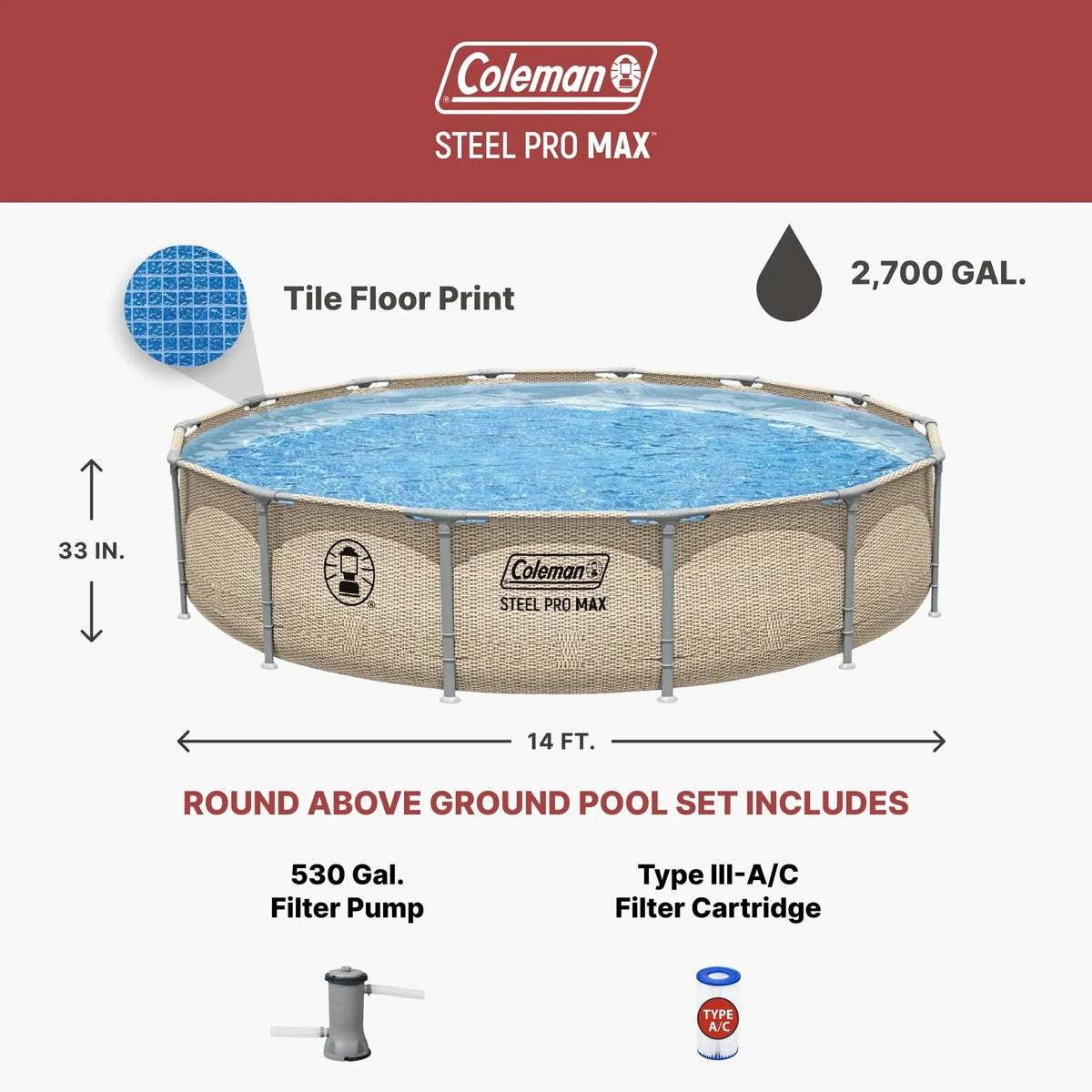 Coleman Steel Pro Max 14 ft x 33 in Round Metal Frame Above Ground Pool Set