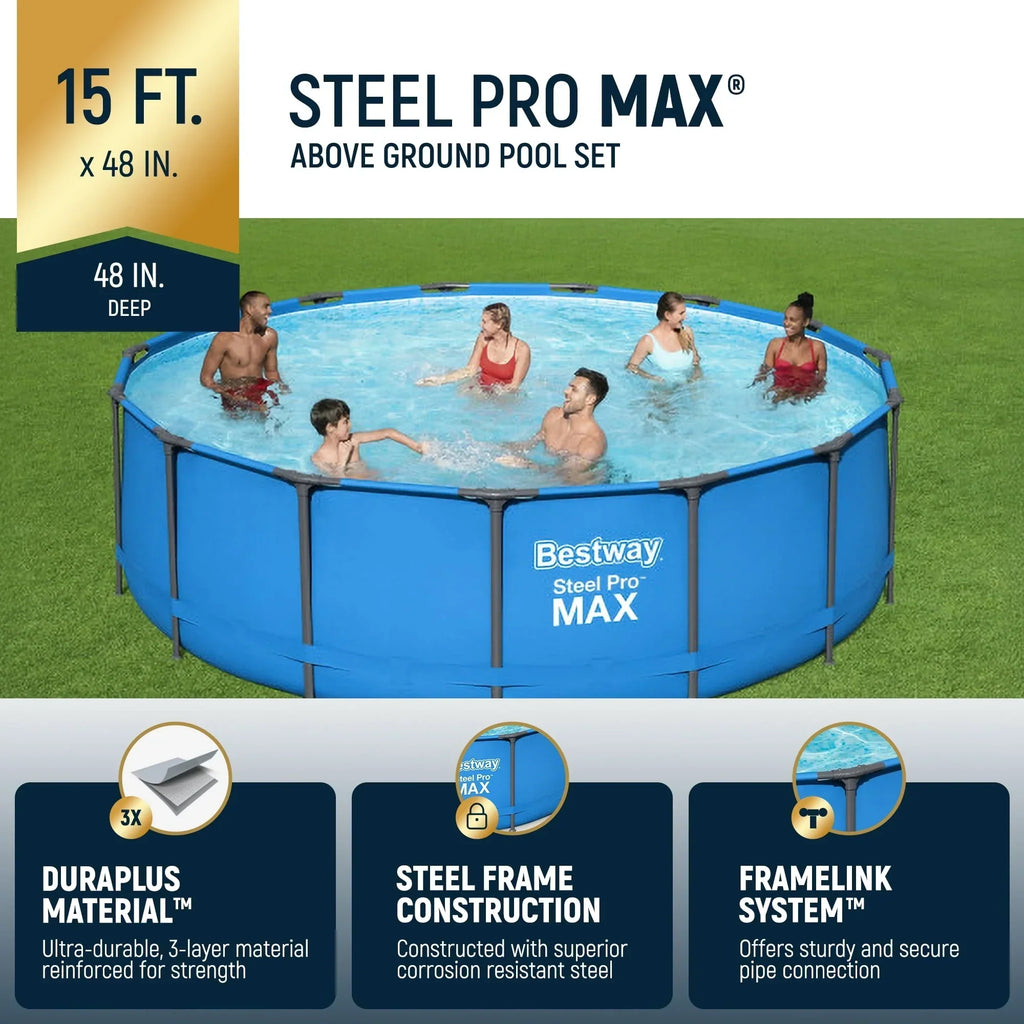 Bestway Steel Pro MAX 15 ft x 48 in Round Above Ground Swimming Pool & Pool Ladder
