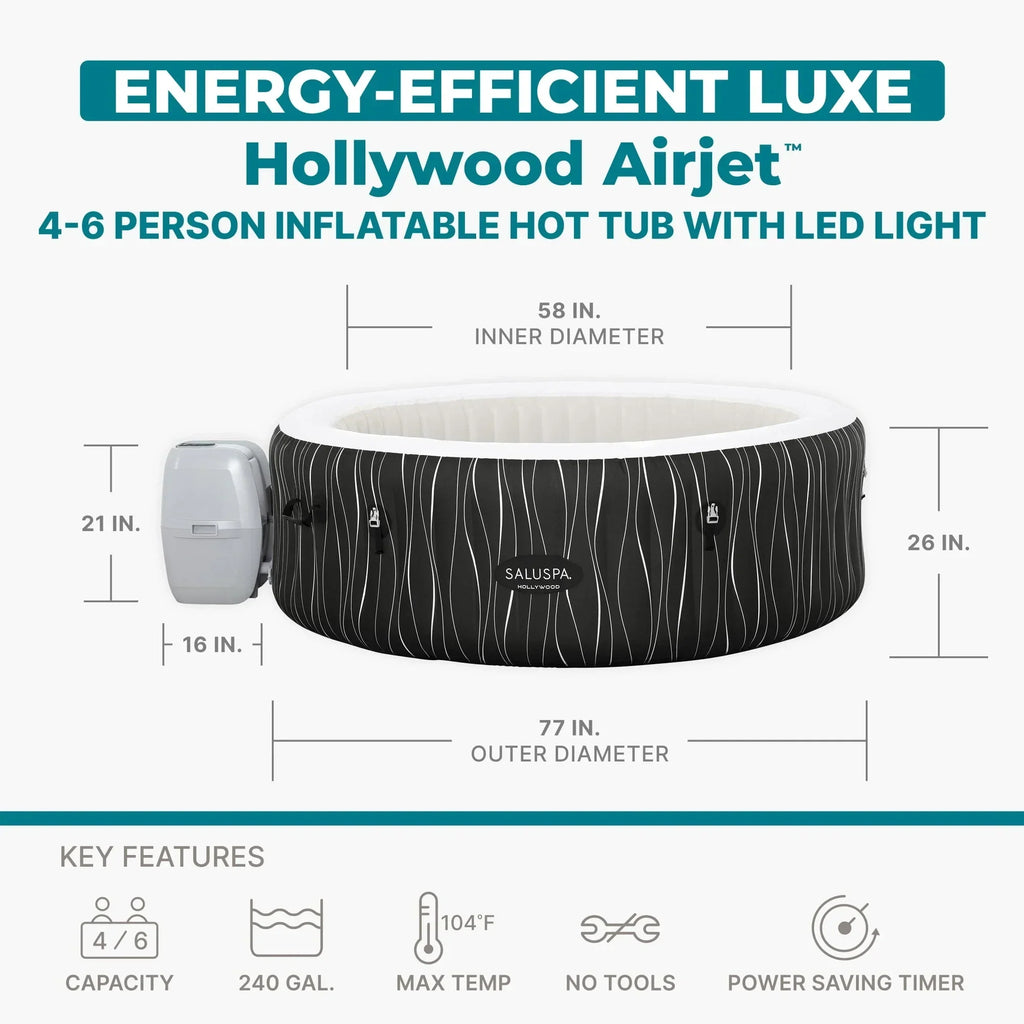 Bestway SaluSpa Hollywood Luxe 4-6 Person Inflatable Hot Tub, Round Energy-Efficient Spa, 77 in x 26 in