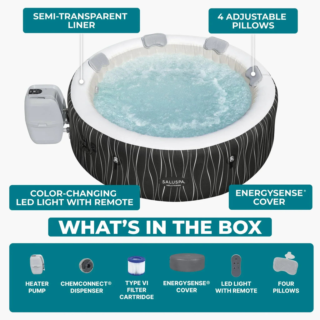Bestway SaluSpa Hollywood Luxe 4-6 Person Inflatable Hot Tub, Round Energy-Efficient Spa, 77 in x 26 in