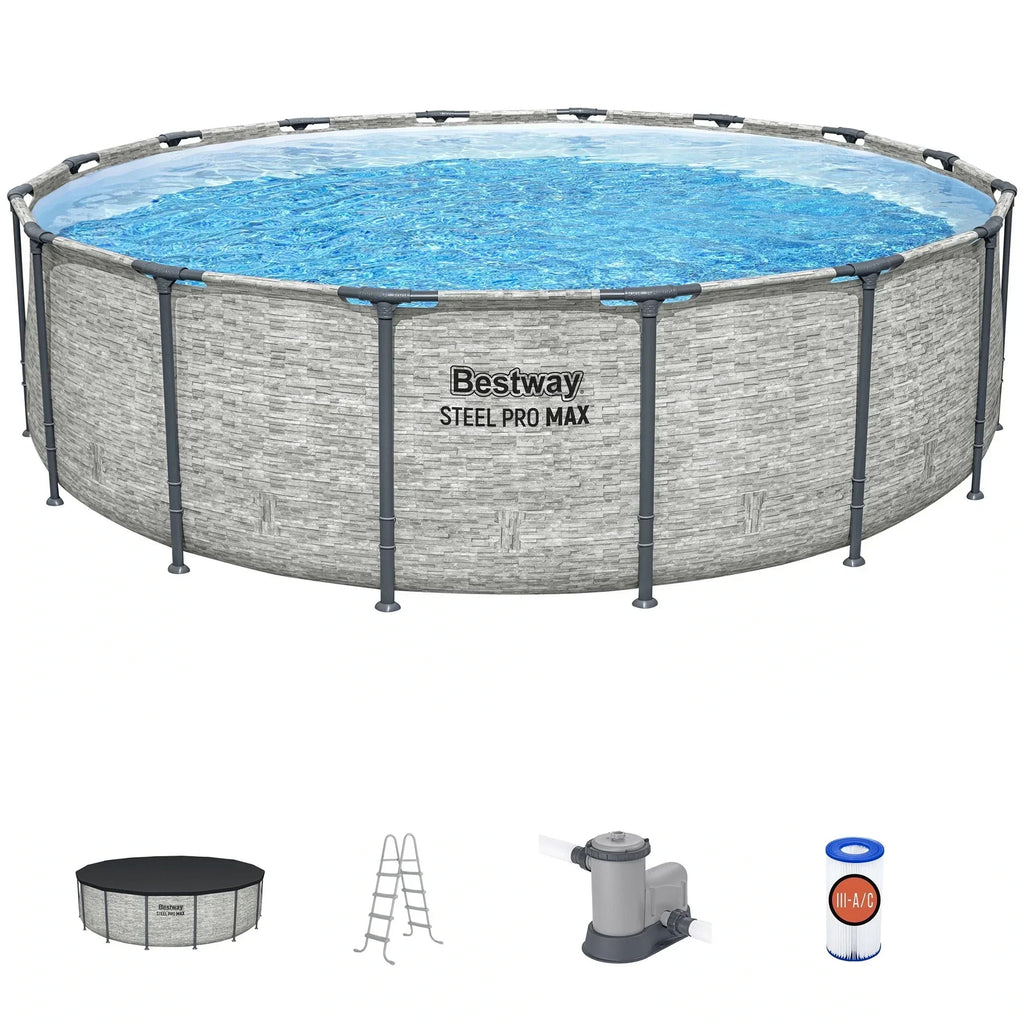 Bestway: Steel Pro MAX - 16 ft x 48 in, Grey -Round Above Ground Swimming Pool Set, ClickConnect Frame, Tritech, Filter Pump-Ladder-Cover, 5145 Gal