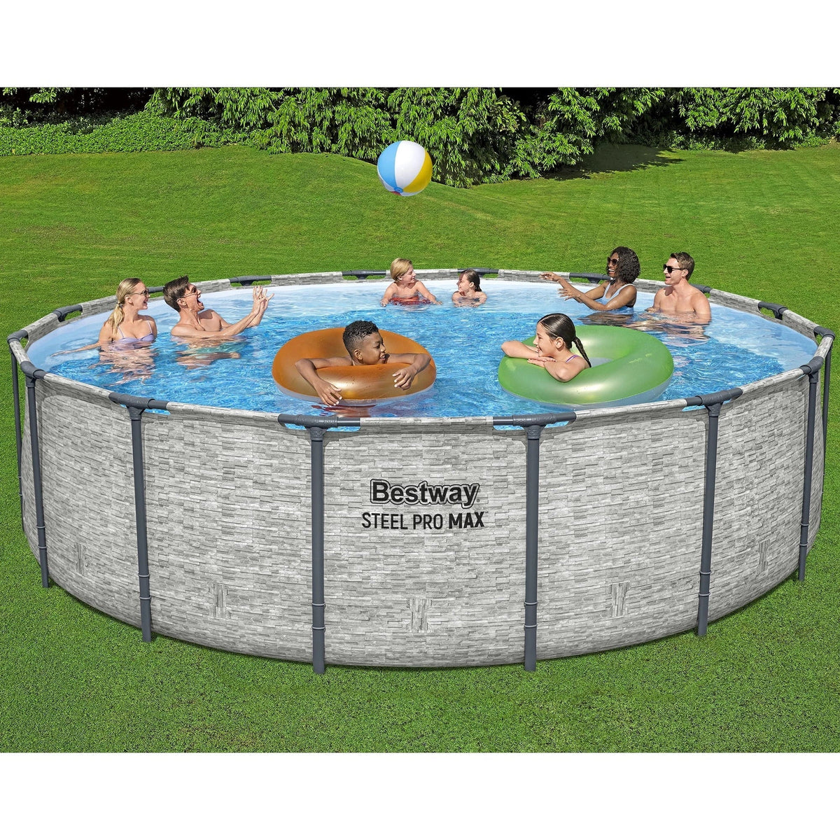 Bestway: Steel Pro MAX - 16 ft x 48 in, Grey -Round Above Ground Swimming Pool Set, ClickConnect Frame, Tritech, Filter Pump-Ladder-Cover, 5145 Gal