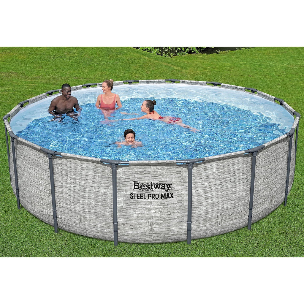 Bestway: Steel Pro MAX - 16 ft x 48 in, Grey -Round Above Ground Swimming Pool Set, ClickConnect Frame, Tritech, Filter Pump-Ladder-Cover, 5145 Gal