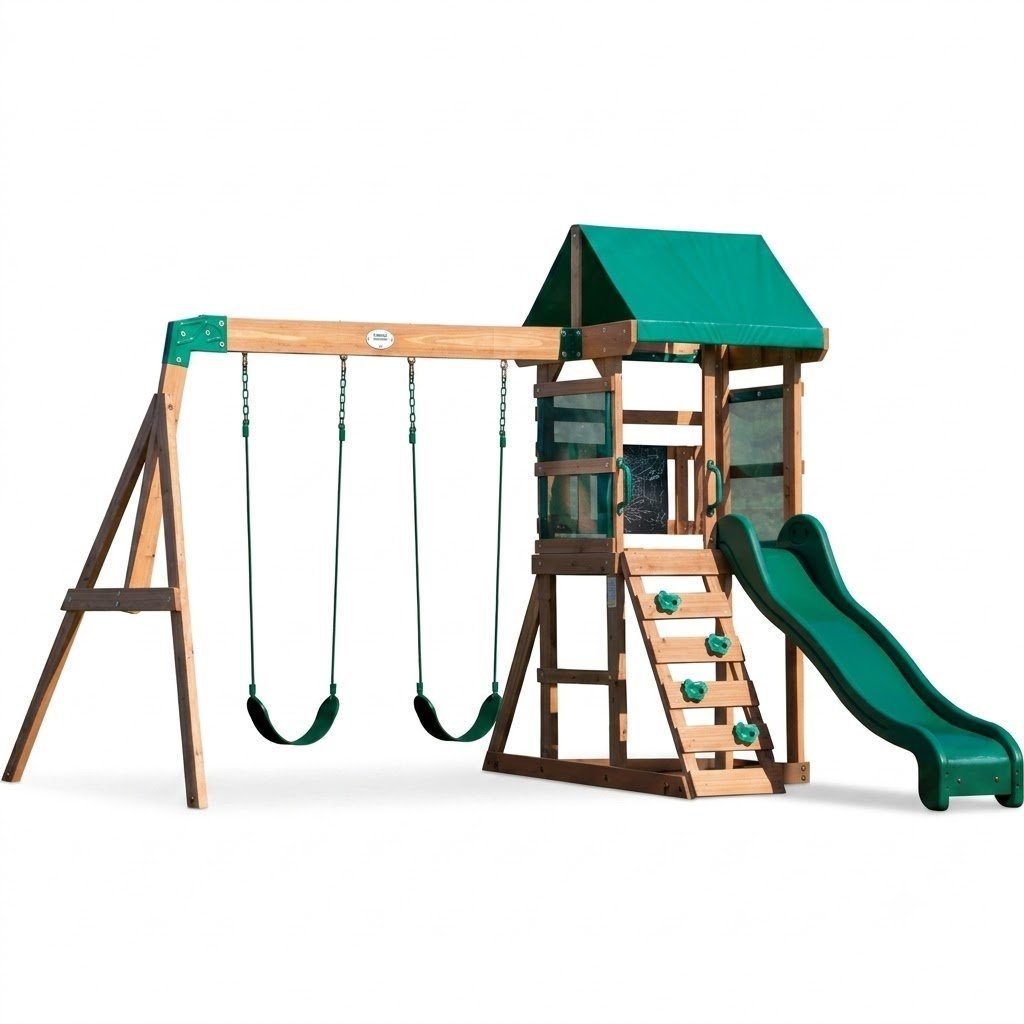 Backyard Discovery Buckley Hill Cedar Wood Swing Set with Wave Slide, Play Deck, Rock Wall Ladder, Belt Swings, Chalkboard, Canopy Roof, Outdoor