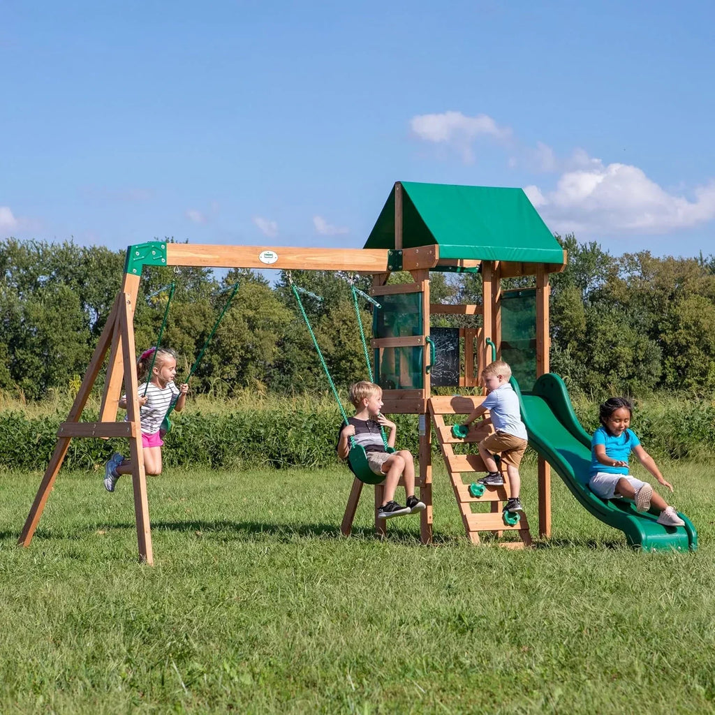 Backyard Discovery Buckley Hill Cedar Wood Swing Set with Wave Slide, Play Deck, Rock Wall Ladder, Belt Swings, Chalkboard, Canopy Roof, Outdoor