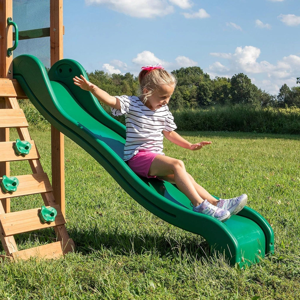 Backyard Discovery Buckley Hill Cedar Wood Swing Set with Wave Slide, Play Deck, Rock Wall Ladder, Belt Swings, Chalkboard, Canopy Roof, Outdoor