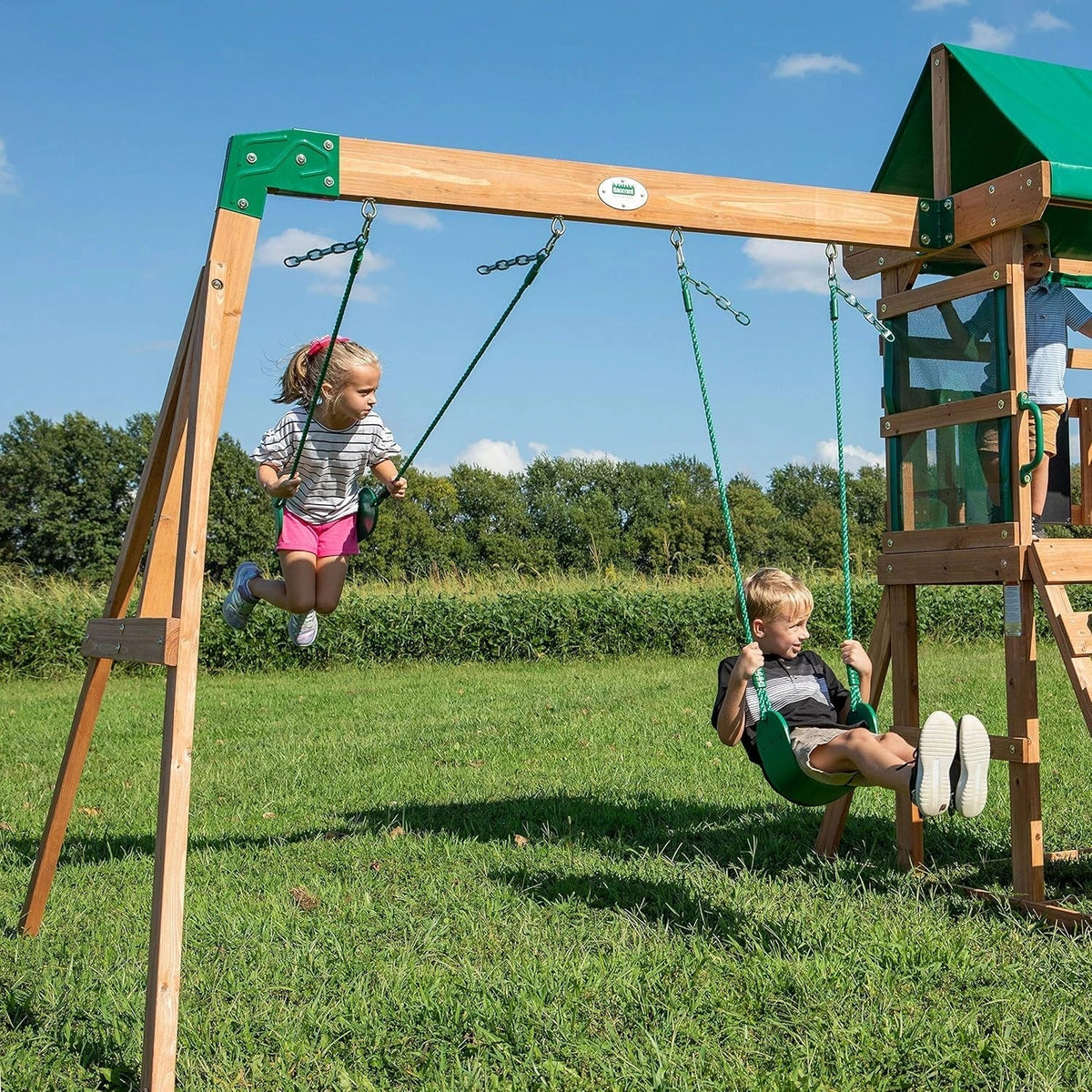 Backyard Discovery Buckley Hill Cedar Wood Swing Set with Wave Slide, Play Deck, Rock Wall Ladder, Belt Swings, Chalkboard, Canopy Roof, Outdoor