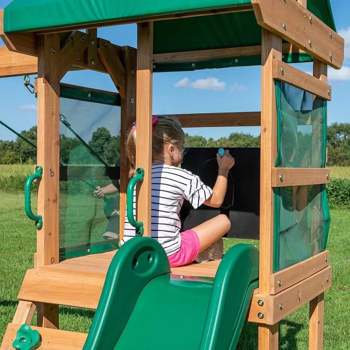 Backyard Discovery Buckley Hill Cedar Wood Swing Set with Wave Slide, Play Deck, Rock Wall Ladder, Belt Swings, Chalkboard, Canopy Roof, Outdoor