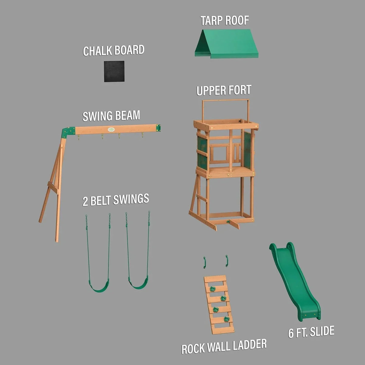 Backyard Discovery Buckley Hill Cedar Wood Swing Set with Wave Slide, Play Deck, Rock Wall Ladder, Belt Swings, Chalkboard, Canopy Roof, Outdoor