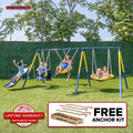 Sportspower Super Star 5-in-1 Metal Swing Set: 2 Swings, Flying Saucer, 2-Person Roman Glider, 6.5 ft Slide; Great for Kids 3-8; Bonus Anchor Kit