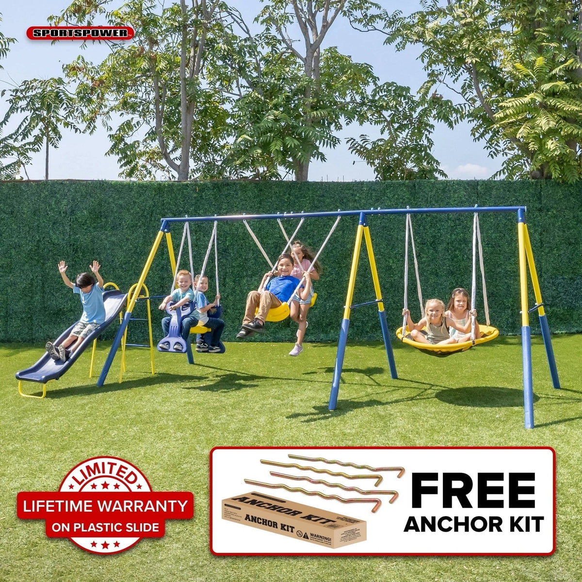 Sportspower Super Star 5-in-1 Metal Swing Set: 2 Swings, Flying Saucer, 2-Person Roman Glider, 6.5 ft Slide; Great for Kids 3-8; Bonus Anchor Kit