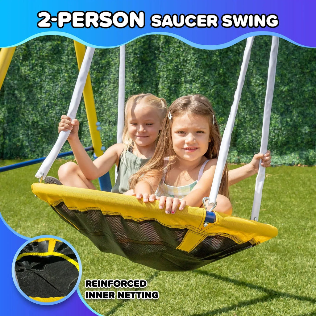 Sportspower Super Star 5-in-1 Metal Swing Set: 2 Swings, Flying Saucer, 2-Person Roman Glider, 6.5 ft Slide; Great for Kids 3-8; Bonus Anchor Kit