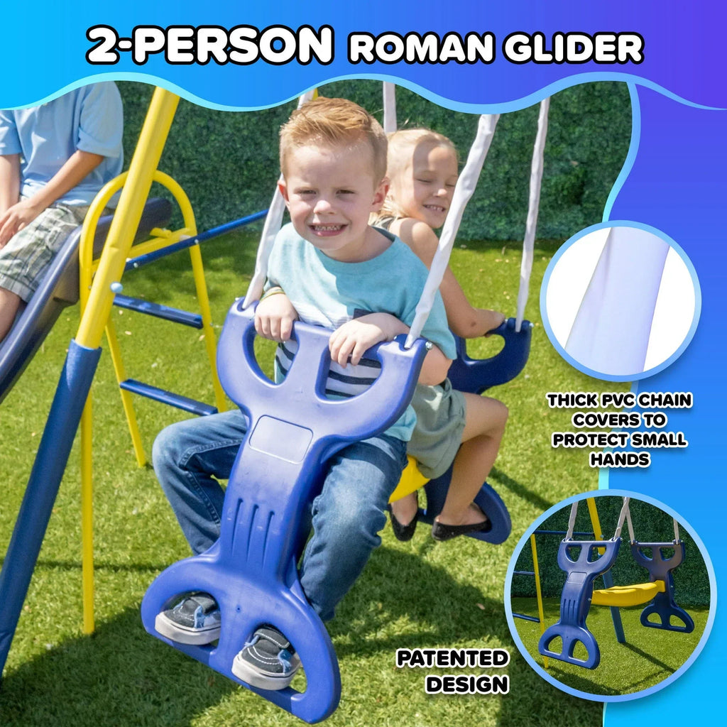 Sportspower Super Star 5-in-1 Metal Swing Set: 2 Swings, Flying Saucer, 2-Person Roman Glider, 6.5 ft Slide; Great for Kids 3-8; Bonus Anchor Kit