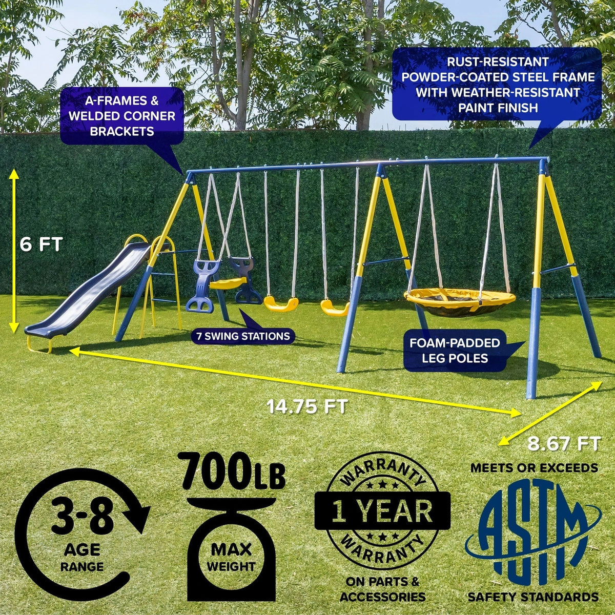 Sportspower Super Star 5-in-1 Metal Swing Set: 2 Swings, Flying Saucer, 2-Person Roman Glider, 6.5 ft Slide; Great for Kids 3-8; Bonus Anchor Kit