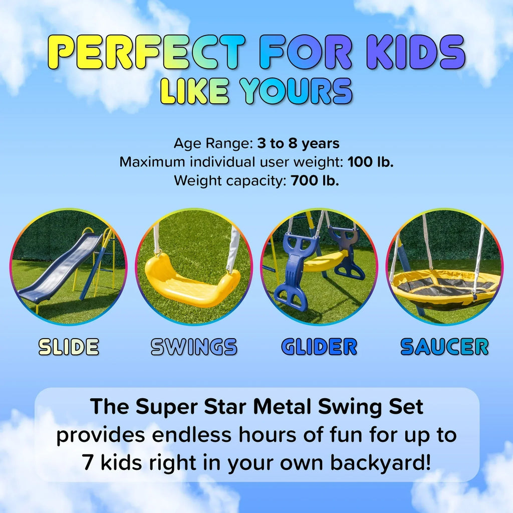 Sportspower Super Star 5-in-1 Metal Swing Set: 2 Swings, Flying Saucer, 2-Person Roman Glider, 6.5 ft Slide; Great for Kids 3-8; Bonus Anchor Kit