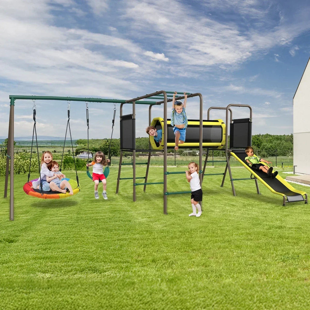 Klo Kick 6-in-1 Swing Set with Slide,Crawl Tunnel and Monkey Bars for Backyard, Playground for Kids Aged 3-12