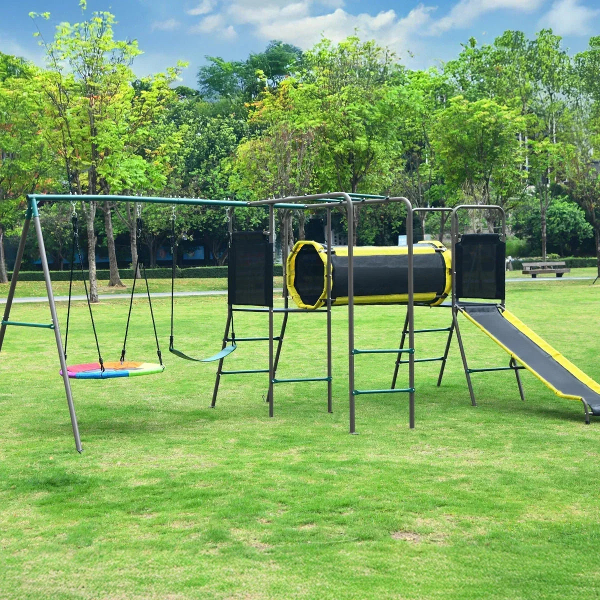 Klo Kick 6-in-1 Swing Set with Slide,Crawl Tunnel and Monkey Bars for Backyard, Playground for Kids Aged 3-12