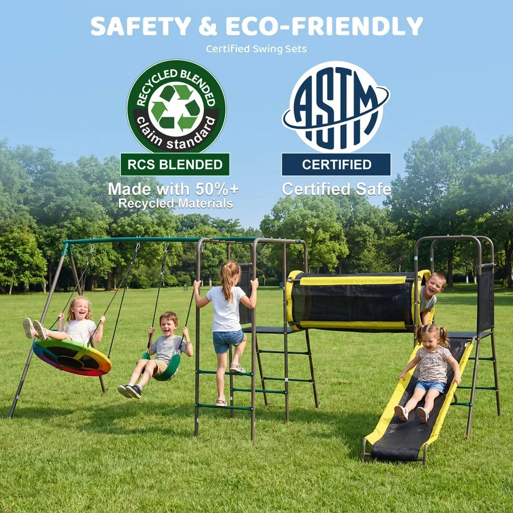 Klo Kick 6-in-1 Swing Set with Slide,Crawl Tunnel and Monkey Bars for Backyard, Playground for Kids Aged 3-12