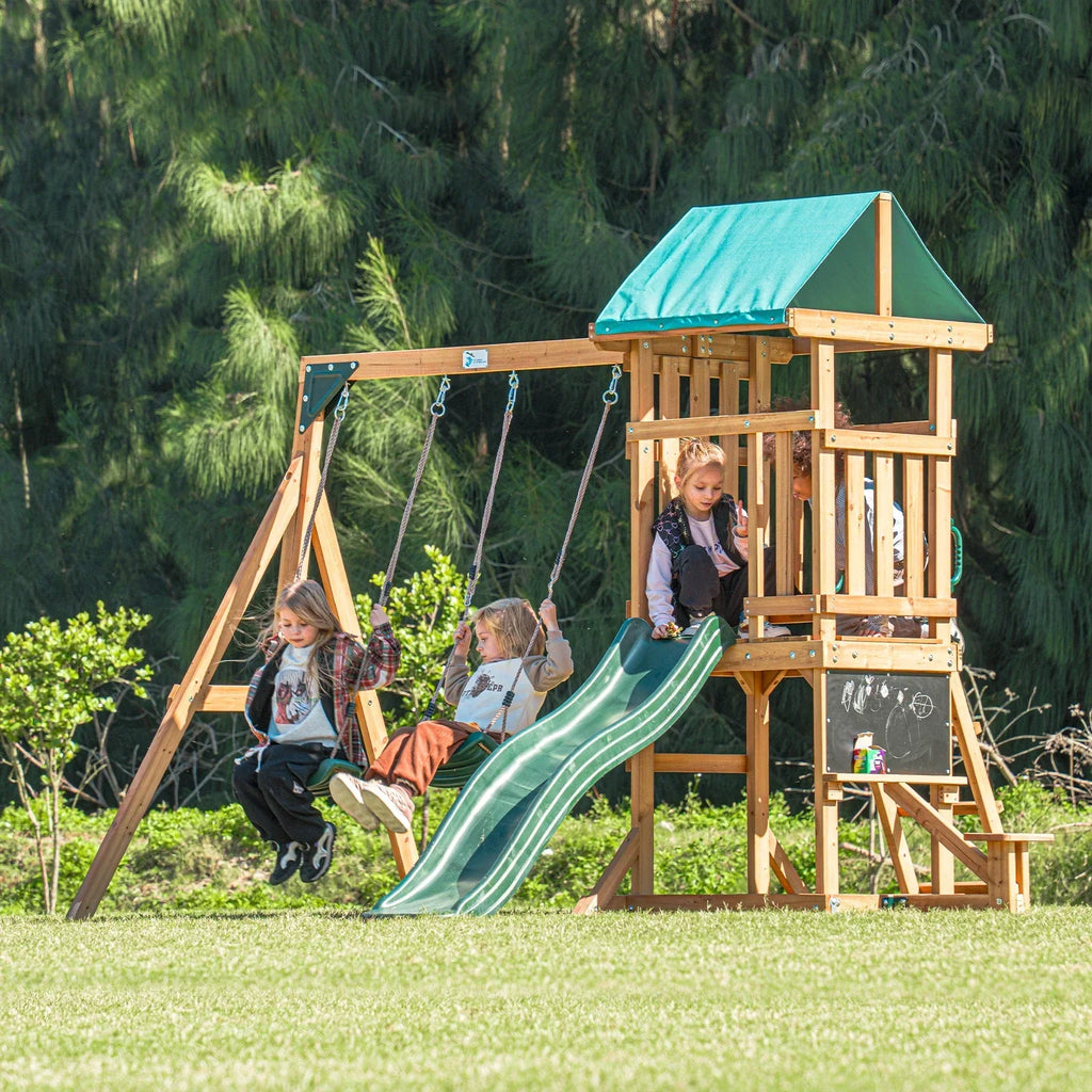 Dolphin Playground Wooden Outdoor Playset with Dual Swings, Slide, and Playhouse - Rounded Edges