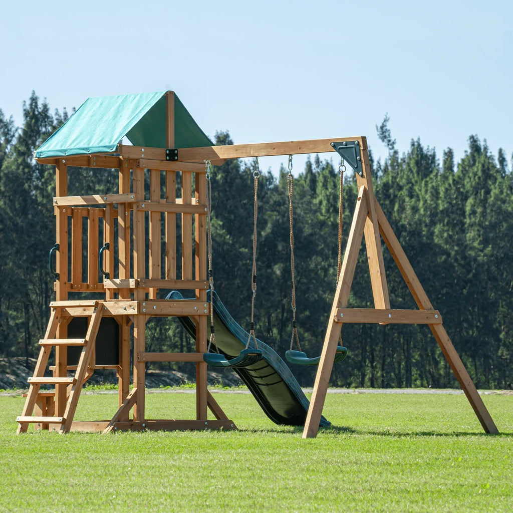 Dolphin Playground Wooden Outdoor Playset with Dual Swings, Slide, and Playhouse - Rounded Edges