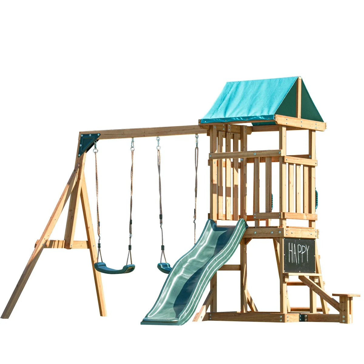 Dolphin Playground Wooden Outdoor Playset with Dual Swings, Slide, and Playhouse - Rounded Edges