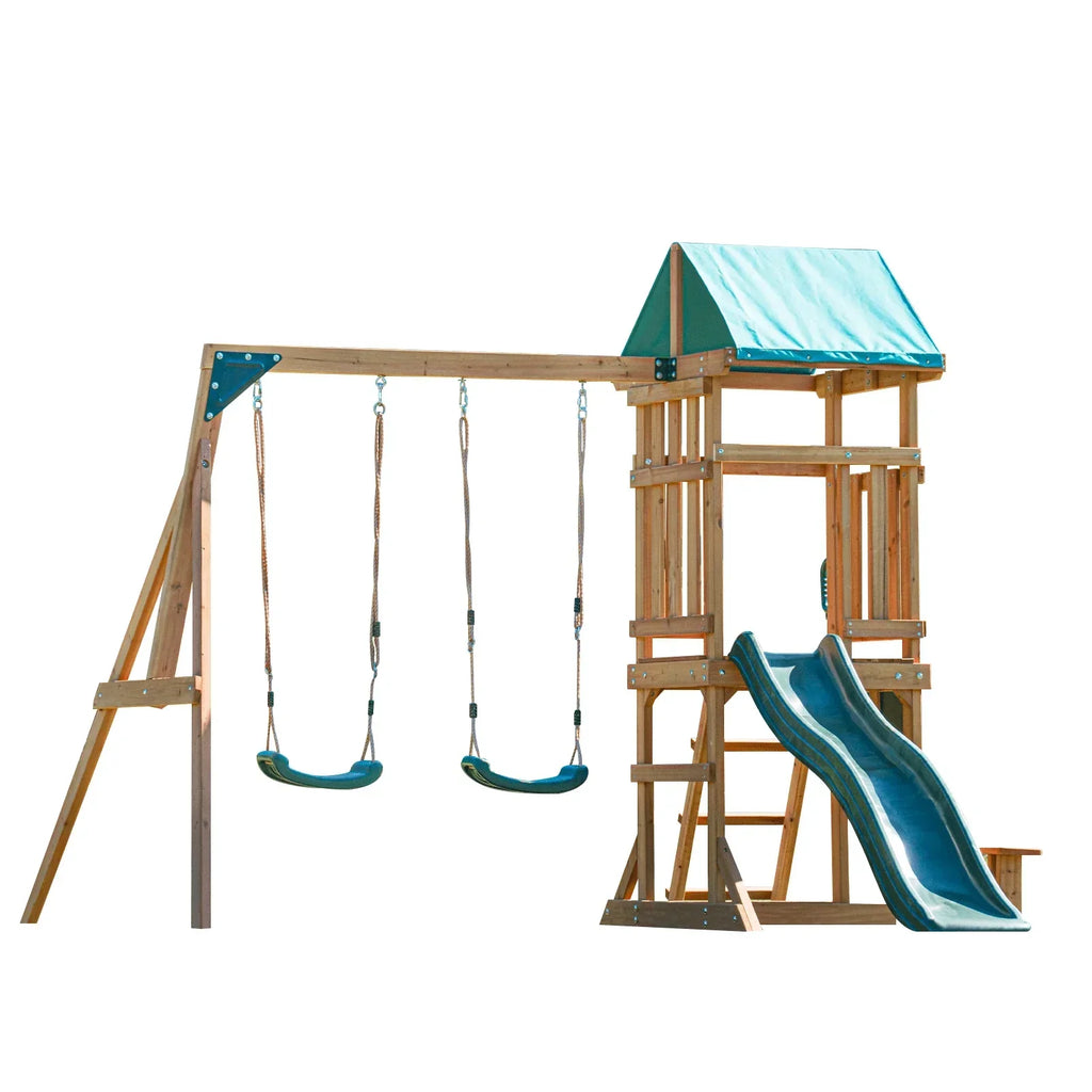 Dolphin Playground Wooden Outdoor Playset with Dual Swings, Slide, and Playhouse - Rounded Edges