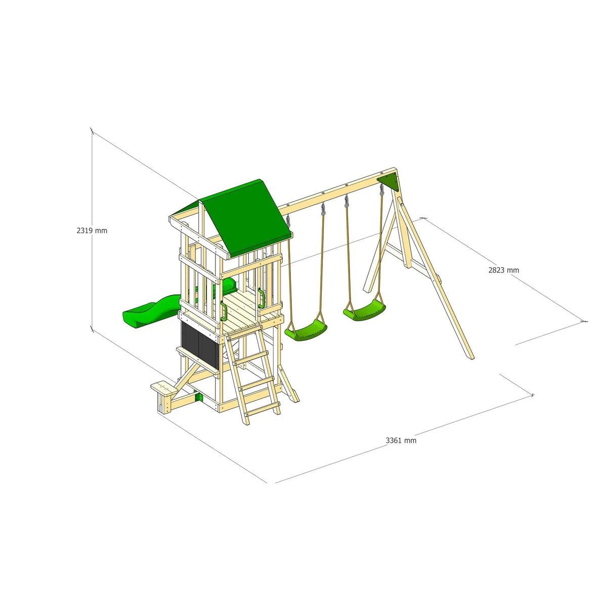 Dolphin Playground Wooden Outdoor Playset with Dual Swings, Slide, and Playhouse - Rounded Edges