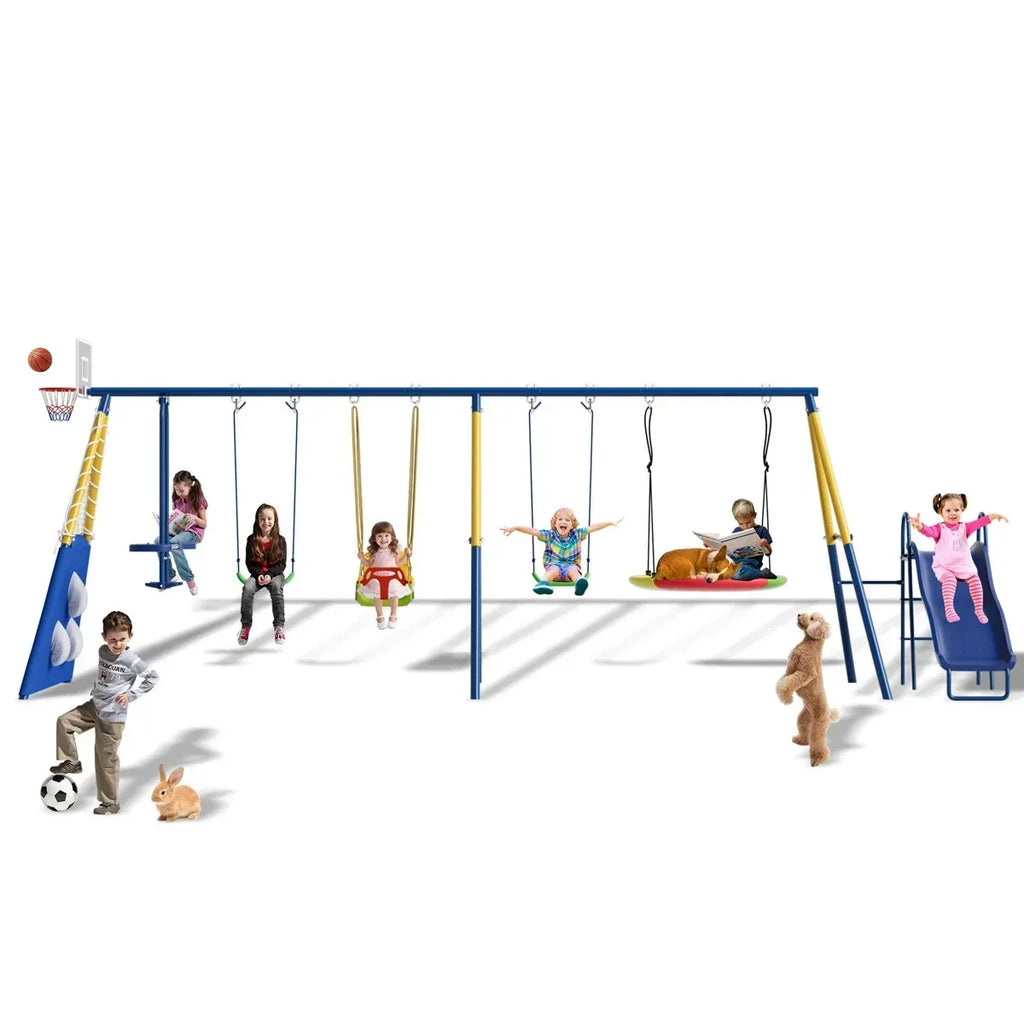 Sumij 8 in1 Swing Sets for Backyard with Kids Slide Outdoor Heavy-Duty Metal Playset for Kids 550lbs Swing Set with Slide, Saucer Seat, 2 Belt Seat