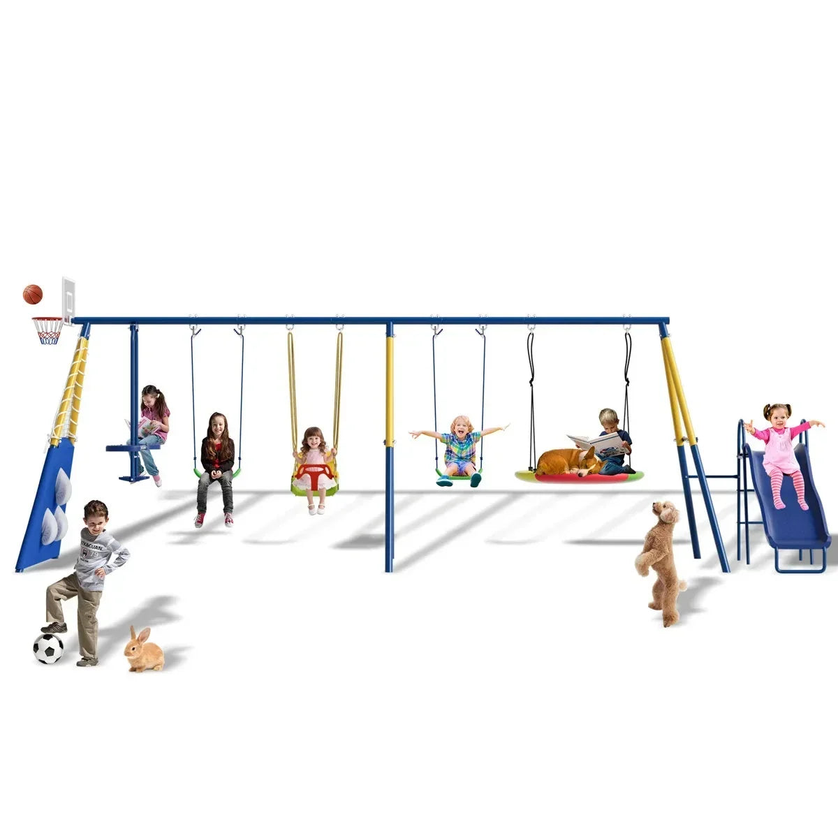 Sumij 8 in1 Swing Sets for Backyard with Kids Slide Outdoor Heavy-Duty Metal Playset for Kids 550lbs Swing Set with Slide, Saucer Seat, 2 Belt Seat