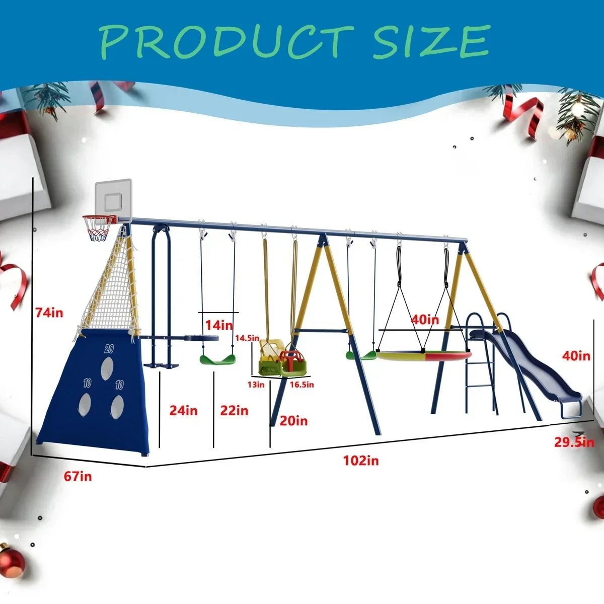 Sumij 8 in1 Swing Sets for Backyard with Kids Slide Outdoor Heavy-Duty Metal Playset for Kids 550lbs Swing Set with Slide, Saucer Seat, 2 Belt Seat