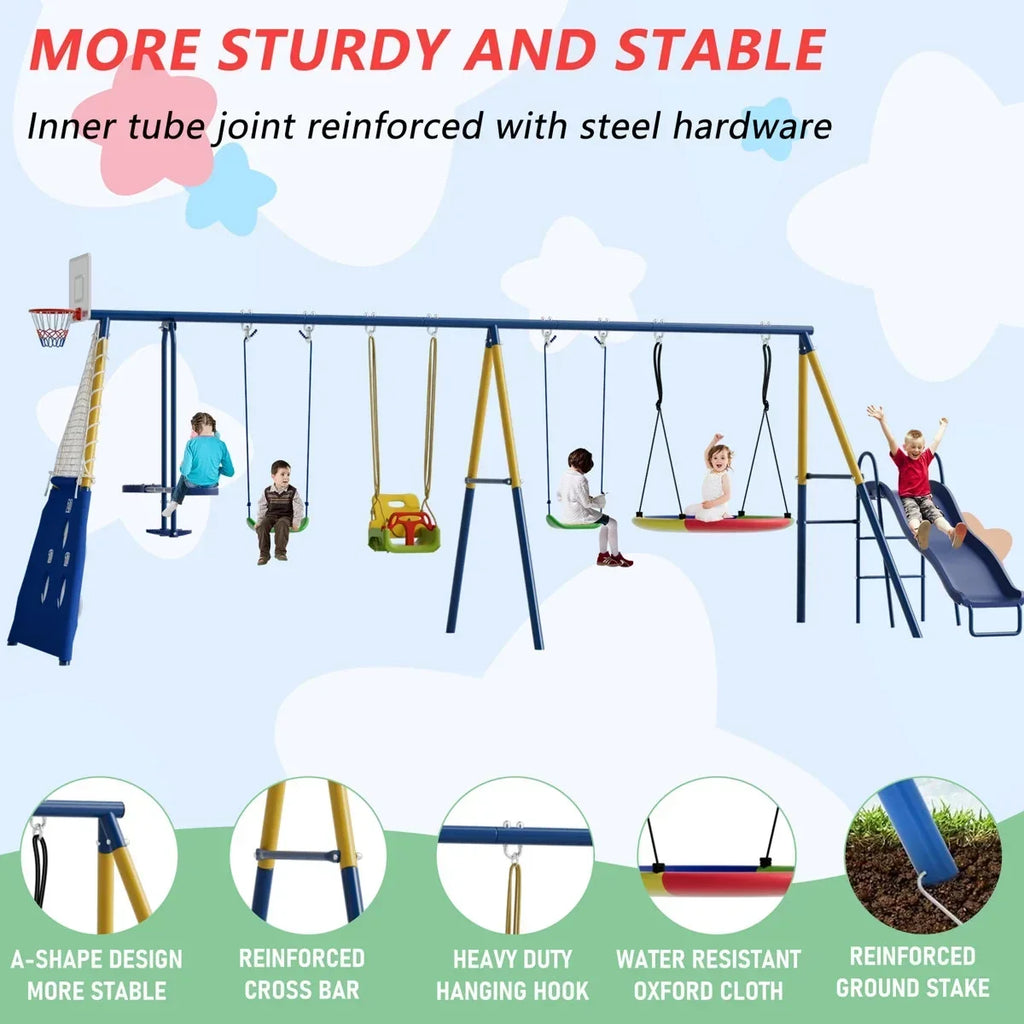 Sumij 8 in1 Swing Sets for Backyard with Kids Slide Outdoor Heavy-Duty Metal Playset for Kids 550lbs Swing Set with Slide, Saucer Seat, 2 Belt Seat