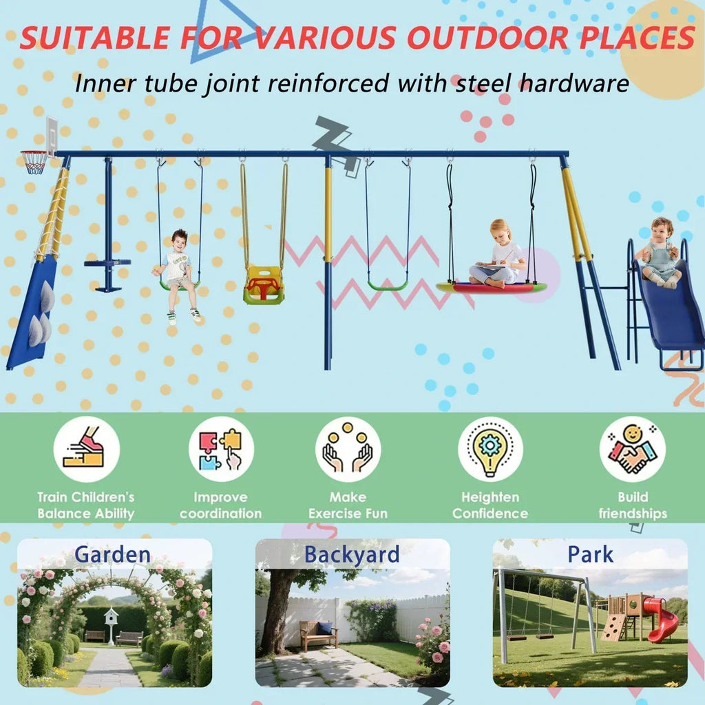 Sumij 8 in1 Swing Sets for Backyard with Kids Slide Outdoor Heavy-Duty Metal Playset for Kids 550lbs Swing Set with Slide, Saucer Seat, 2 Belt Seat