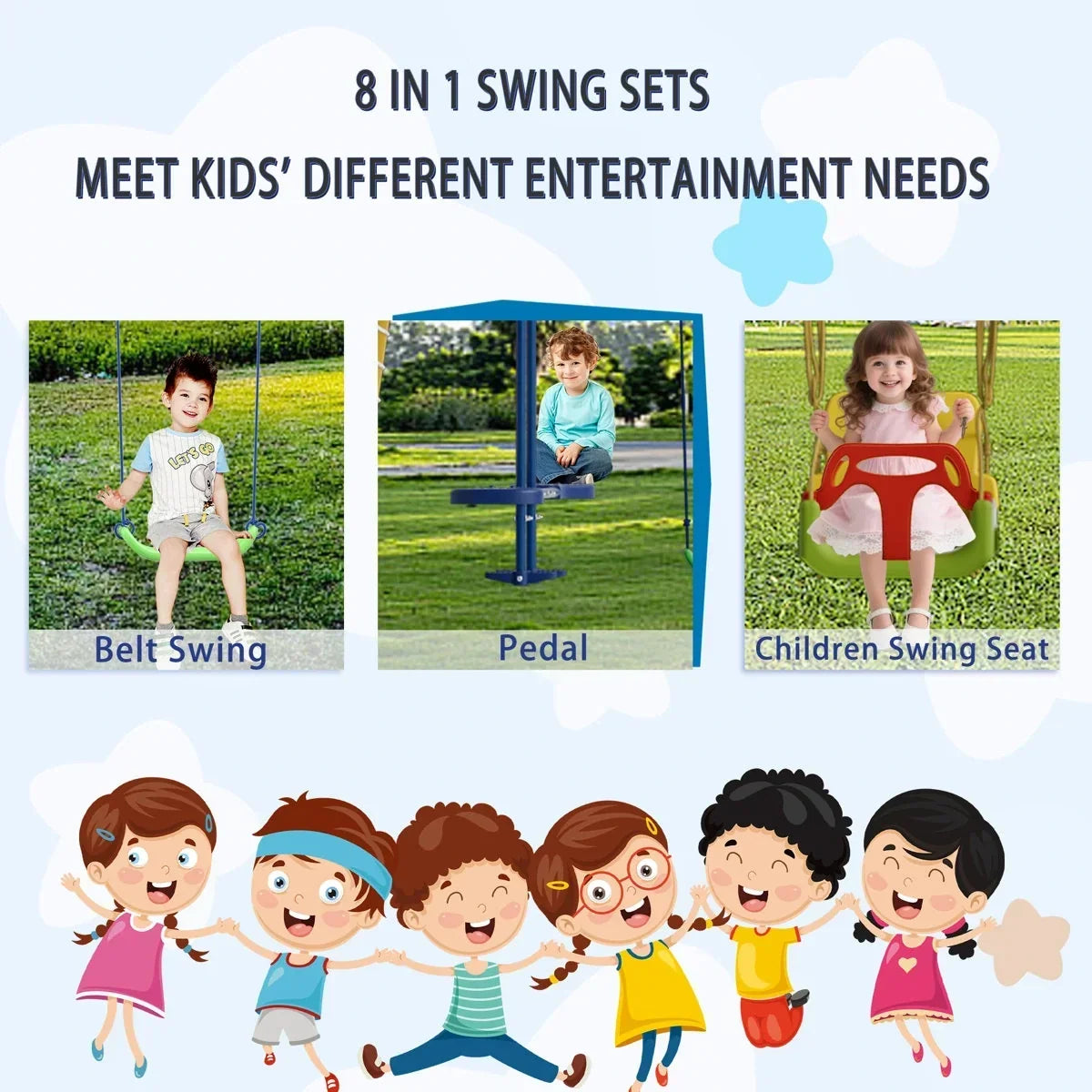 Sumij 8 in1 Swing Sets for Backyard with Kids Slide Outdoor Heavy-Duty Metal Playset for Kids 550lbs Swing Set with Slide, Saucer Seat, 2 Belt Seat