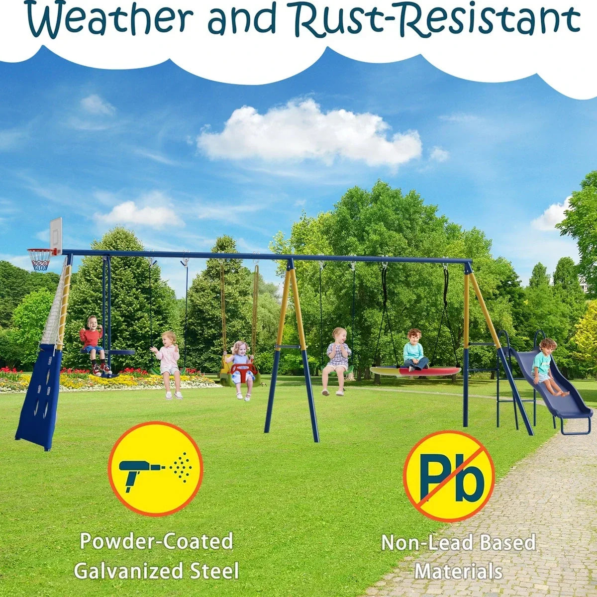 Sumij 8 in1 Swing Sets for Backyard with Kids Slide Outdoor Heavy-Duty Metal Playset for Kids 550lbs Swing Set with Slide, Saucer Seat, 2 Belt Seat
