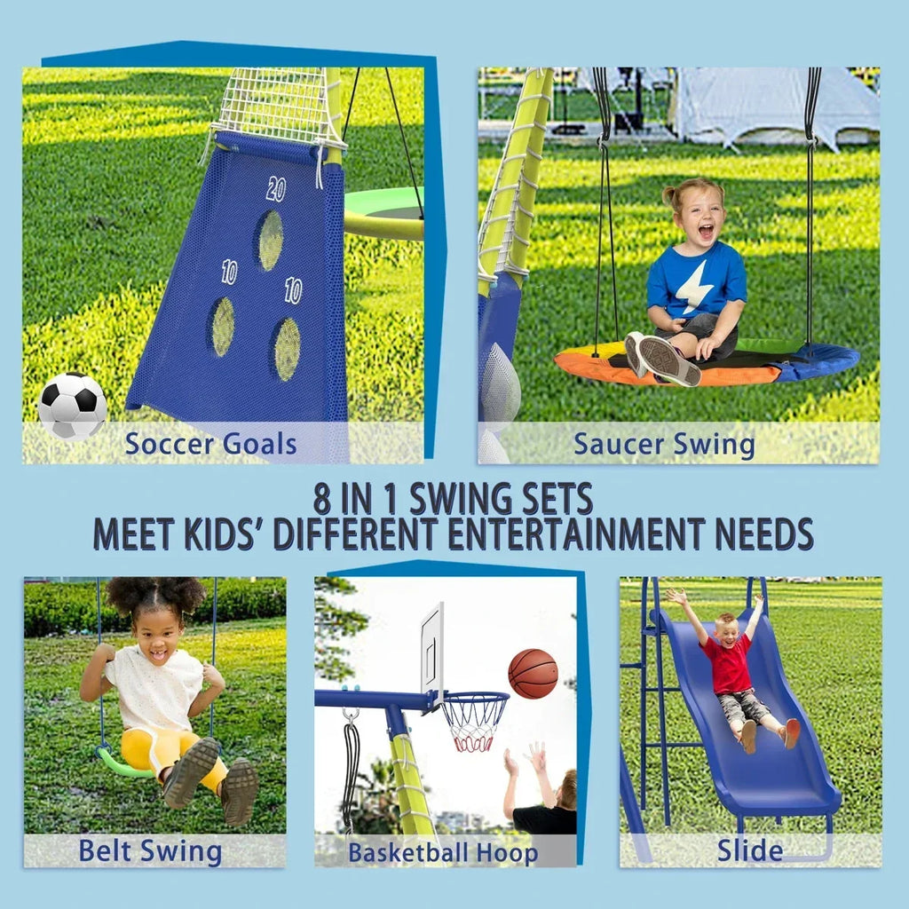 Sumij 8 in1 Swing Sets for Backyard with Kids Slide Outdoor Heavy-Duty Metal Playset for Kids 550lbs Swing Set with Slide, Saucer Seat, 2 Belt Seat