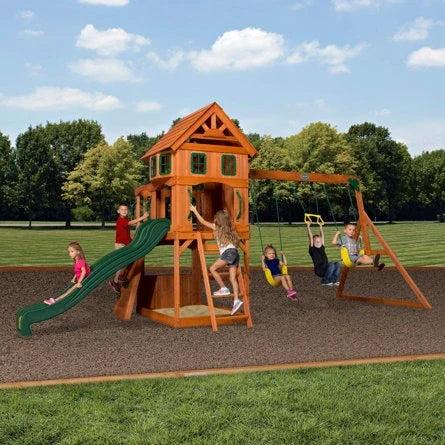 Backyard Discovery Atlantis Cedar Wood Swing Set with Wave Slide, Clubhouse, Rock Wall, and Sandbox Area