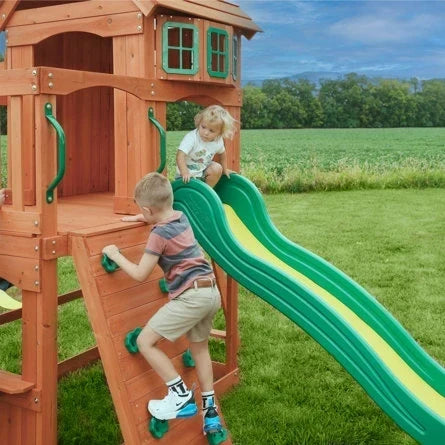 Backyard Discovery Atlantis Cedar Wood Swing Set with Wave Slide, Clubhouse, Rock Wall, and Sandbox Area