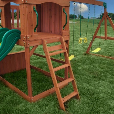Backyard Discovery Atlantis Cedar Wood Swing Set with Wave Slide, Clubhouse, Rock Wall, and Sandbox Area