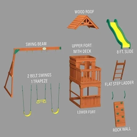 Backyard Discovery Atlantis Cedar Wood Swing Set with Wave Slide, Clubhouse, Rock Wall, and Sandbox Area