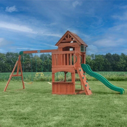 Backyard Discovery Atlantis Cedar Wood Swing Set with Wave Slide, Clubhouse, Rock Wall, and Sandbox Area