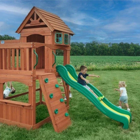 Backyard Discovery Atlantis Cedar Wood Swing Set with Wave Slide, Clubhouse, Rock Wall, and Sandbox Area