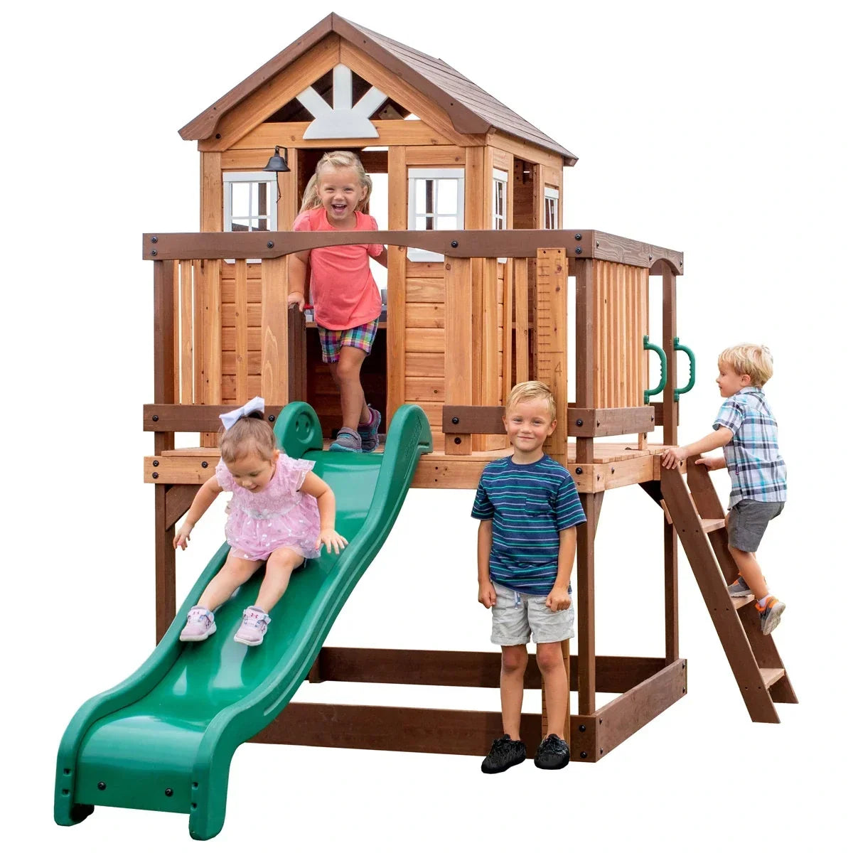 Backyard Discovery Echo Heights Cedar Wooden Elevated Kids Playhouse with Wave Slide, Play Kitchen, and Deck