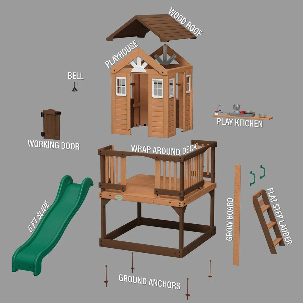 Backyard Discovery Echo Heights Cedar Wooden Elevated Kids Playhouse with Wave Slide, Play Kitchen, and Deck