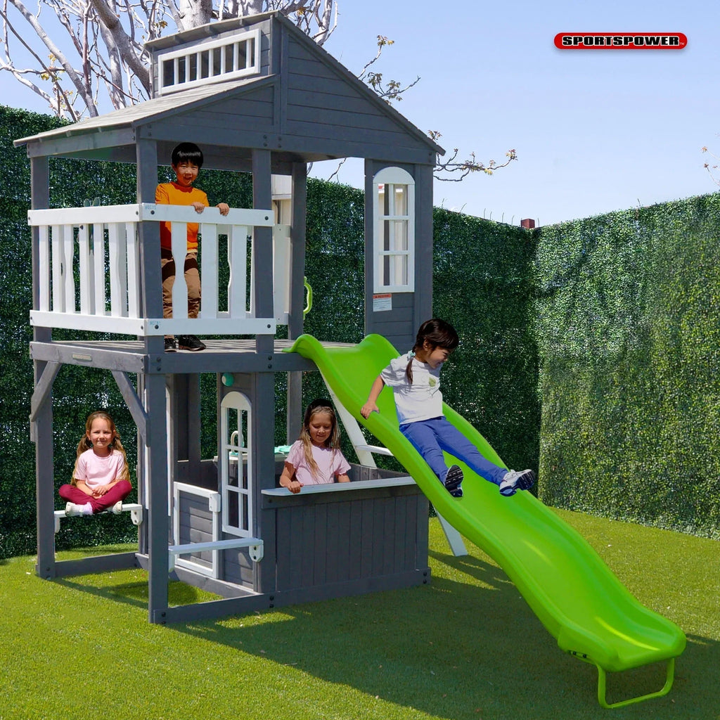 Sportspower Blakely 2-Story Playhouse with 8FT Slide, Working Door, Benches for Rest & Pretend Play Features, for Kids Ages 3-10, Wooden Elevated