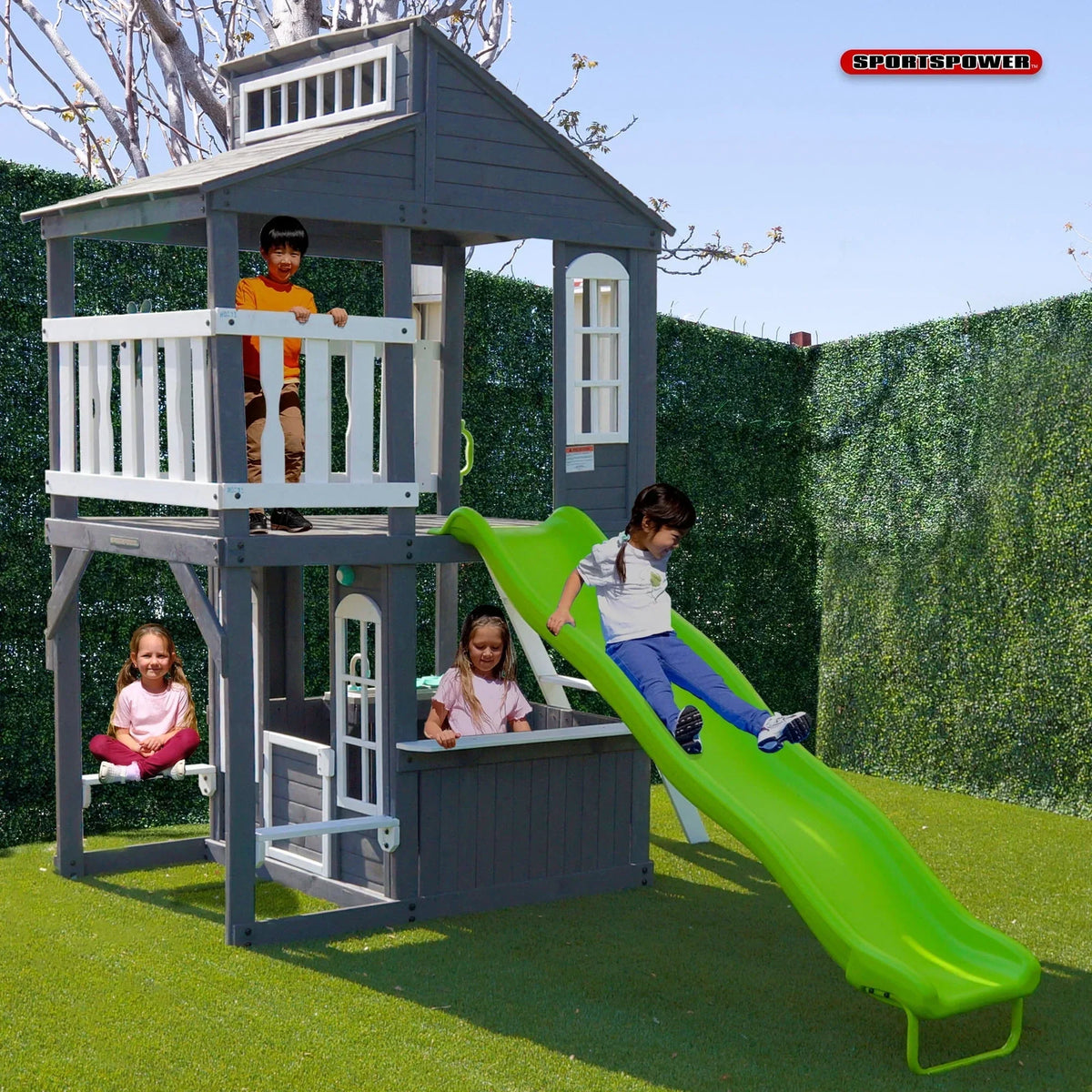 Sportspower Blakely 2-Story Playhouse with 8FT Slide, Working Door, Benches for Rest & Pretend Play Features, for Kids Ages 3-10, Wooden Elevated